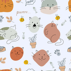 Pattern of cats, paw prints and balls of yarn. Print in pastel colors with funny animals. Pets. Drawing by hand. Seamless pattern. Vector illustration.