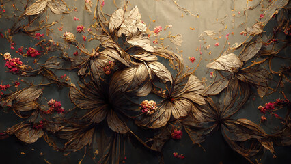 Bronze hibiscus repeated pattern flat on a dark paper vintage wallpaper. AI created a digital art illustration