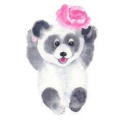 Cute panda with peony isolated on white background. Watercolor hand drawn illustration. Perfect for kid cards, baby shower, clothes prints, decals.