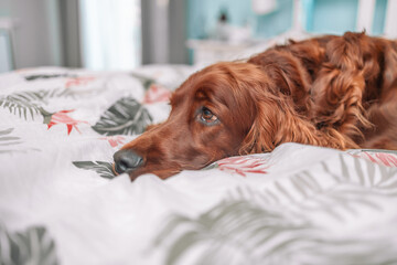 Iris Setter dog on white soft comfortable bed. Pet in hotel room. Pet friendly hotel. Travel with...