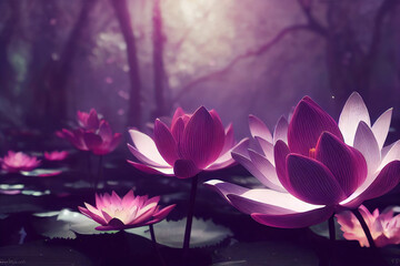 beautiful pink water lilies flowers in water, blossoming sakura trees, nature background wallpaper - obrazy, fototapety, plakaty