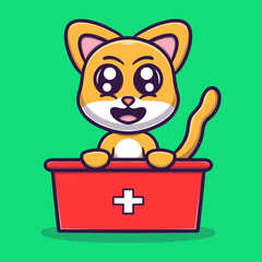 Cute cat with medical box cartoon vector icon illustration