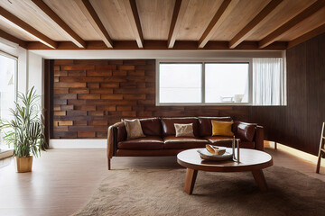 living room interior with leather sofa brown wood plank wall	