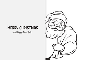 Vector Cute Funny Smiling Peeking Santa Claus with Sack. Holiday Merry Christmas and Happy New Year, Greeting Card