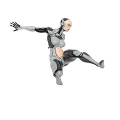super cyborg girl is jumping like a comic hero