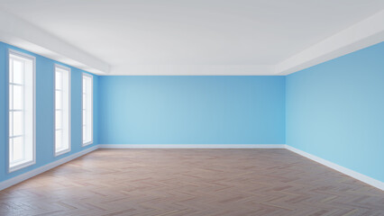 Empty Room with Pale Blue Walls, White Ceiling and Cornice, Three Large Windows, Glossy Herringbone Parquet Floor and a White Plinth. Perspective View, Interior Concept, 3D illustration, 8K Ultra HD