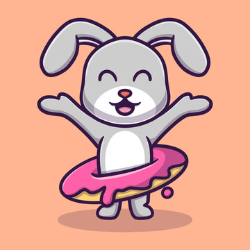 Cute bunny with donut cartoon vector icon illustration