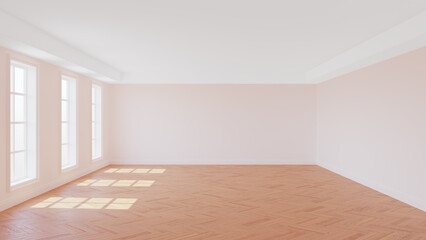 Sunny Interior with Dark Blue Walls, Three Large Windows, White Ceiling Cornice, Glossy Herringbone Parquet Floor and a White Plinth. 3d illustration with a Work Path on the Windows. 8K Ultra HD