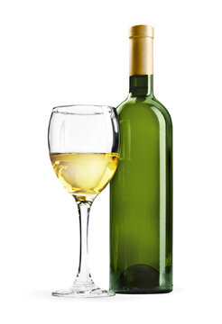 White wine bottle and glass on white background