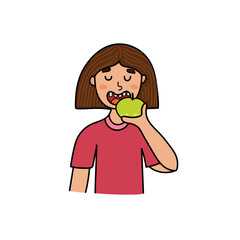 Cute girl  eating apple. Cute kid biting a fruit print in cartoon style. Vector illustration