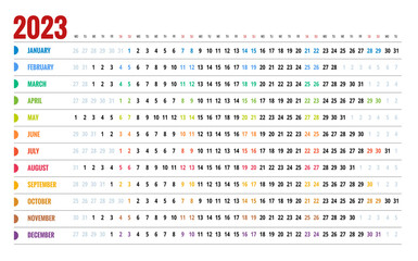 Calendar linear for 2023 year. Stationery Design Print Template. Yearly calender planner. Set of 12 Months. Schedule template with months. Week starts Sunday. Horizontal, landscape orientation