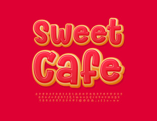 Vector tasty emblem Sweet Cafe. Red Glazed Alphabet Letters and Numbers set. Delicious Donut Font