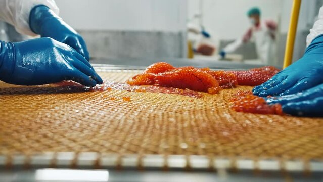 Employees of the seafood factory with their gloved hands sort red salmon caviar on a net.
