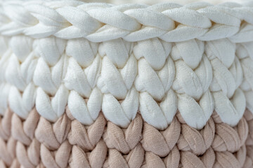crocheted cute beige and white basket, stuff organizer, crochet baskets bottom, pattern for crocheting, nature-friendly sustainable handicraft business, cute interior items. Space for your text