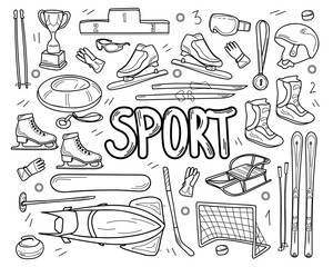 Sports equipment. A set of items for winter sports: skiing, snowboarding, sledding, clothing, glasses, hockey. Contour isolated vector objects in the doodle style.