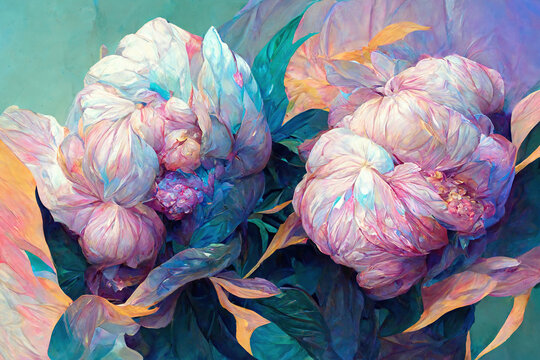 Surreal iridescent peonies. Wallpaper. AI created a digital art illustration