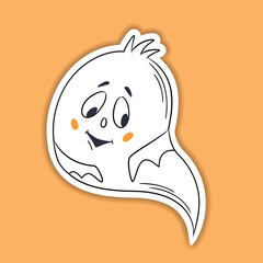 Halloween vector sticker. One line hand drawn Halloween emoticon ghost. Funny little cute confused ghost. Doodle for logo, poster, emblem. cartoon style