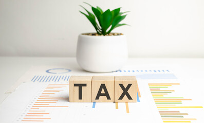 wooden cubes with the word TAX on financial background with chart