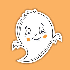 Halloween vector sticker. One line hand drawn Halloween emoticon ghost. Funny little cute ghost. Doodle for logo, poster, emblem. Cartoon style