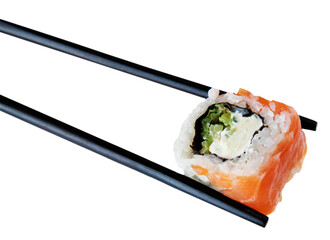 Black Wooden Chopsticks with Uramaki Sushi - Isolated