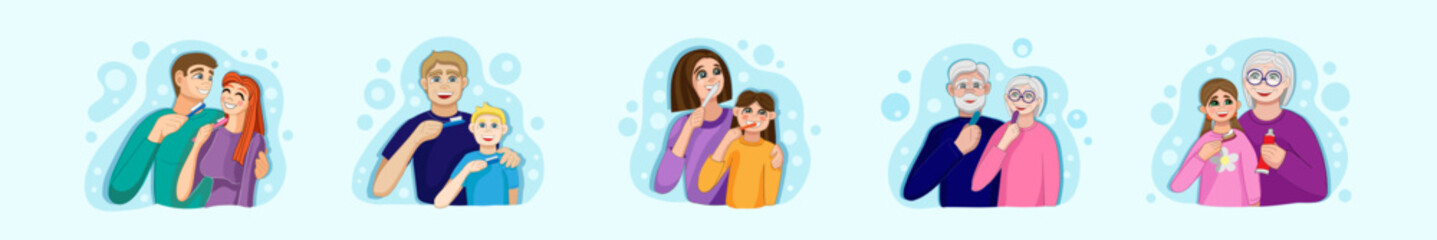 Set of happy people brushing teeth on light background