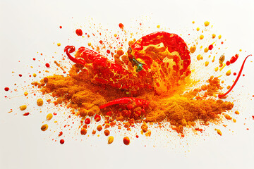 Chilli or paprika spice splatters, spice clouds isolated on white background.