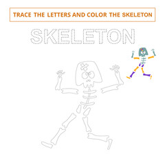 Trace the letters and color the skeleton.Game for kids.