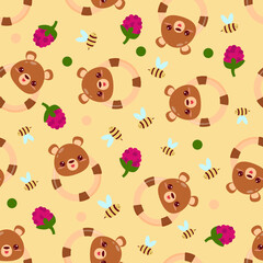 Seamless pattern with animals on an orange background. A pattern with a baby rattle in the form of a bear. Kawaii animals