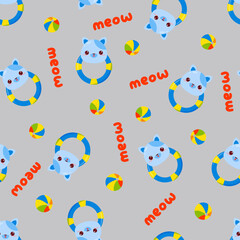 Seamless pattern with animals on a gray background. A pattern with a baby rattle in the form of a cat. Kawaii animals