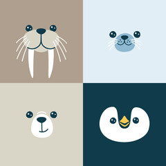 Vector cute muzzles - polar bear, walrus, seal, penguin