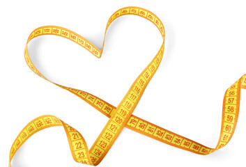 Yellow measuring tape in heart shape isolated on white background