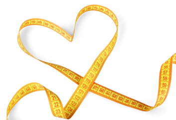 Yellow measuring tape in heart shape isolated on white background