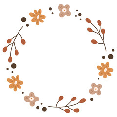 Cute flower wreaths in autumn shades with leaves and branches. Design for postcard, poster, invitation, card