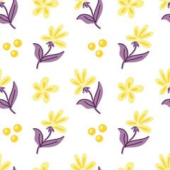 Fototapeta na wymiar Vector pattern with purple and yellow abstract twigs of leaves and flowers on a white background