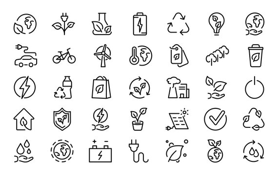 Set of 35 ecology icons in line style. Eco green icons. Ecology and nature. Icons for renewable energy, green technology. Vector illustration.