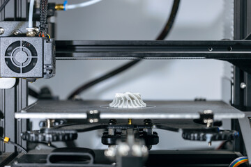 Modern 3D printer printing plastic parts, 3D printed turbine