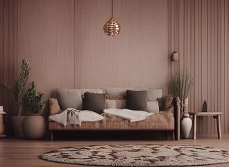 Cozy room interior with wooden furniture on brown background, empty wall for mockup