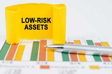 On the business charts are a pen and a paper plate with the inscription - Low-risk assets