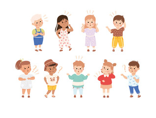 Puzzled Little Kids with Question Mark Scratching Their Heads Wondering Vector Set