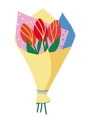 Obraz premium Gift flowers in a wrapper, bouquet of tulips, hand drawing, doodle bright colors
