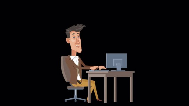 Cartoon stylish fancy guy character working with computer at workplace animation with alpha channel