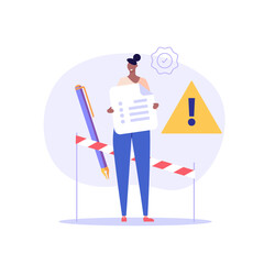 Concept of rules and regulations, company policy, corporate law and business ethics. Business woman demonstrating checklist of rules and regulation standards. Vector illustration in flat design