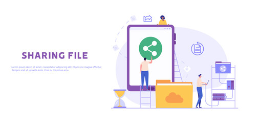 People send files for business. Concept of sharing file, data transfer, transfer of documentation, cloud service, file management, electronic document management. Vector illustration in flat design