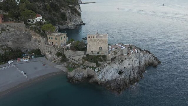 Aerial view of La Ceriola tower in Erchie along the Amalfi Coast, Salerno, Campania, Italy.
