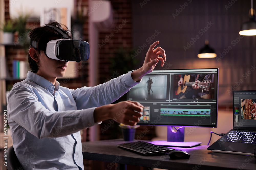 Aufkleber man using vr glasses to edit film footage with computer software app. videographer editing movie mon