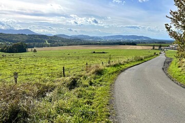 Naklejka premium narrow asphalt road in a flat landscape