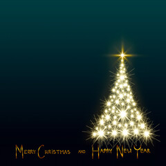 Merry Christmas text on green background and golden fir tree .
