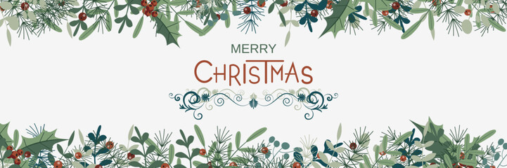 Christmas and New Year floral style horizontal banner, poster, flyer, web header vector design template