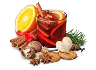 Glass with Hot red mulled wine for winter and Christmas with orange slice, anise and cinnamon sticks isolated on white background