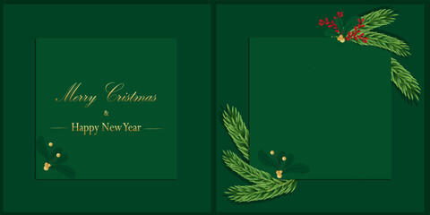 Invitation card for the New Year's party. In green, fir branches and ornament.
